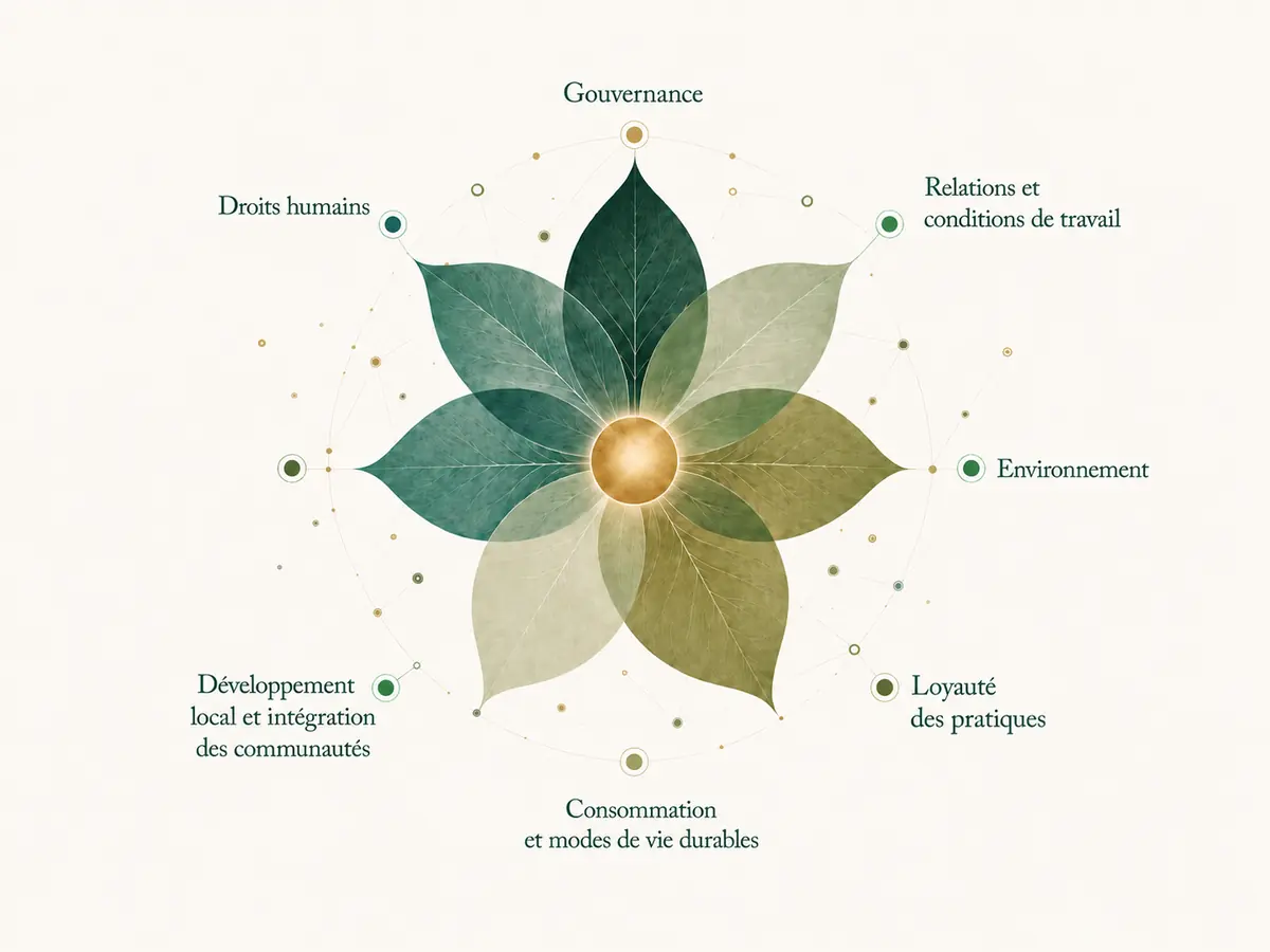 Illustration des 7 questions centrales de l'ISO 26000 sous forme de fleur